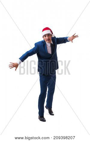 Young busnessman wearing santa hat in christmas concept on white