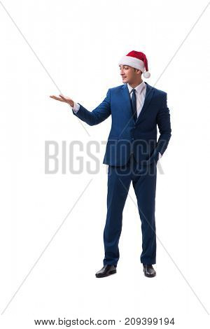 Young busnessman wearing santa hat in christmas concept on white