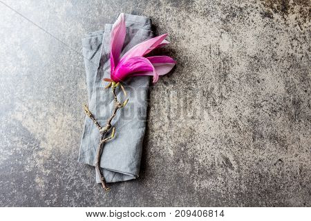 Purple flower of magnolia on stone background. Top view.
