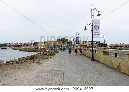 NESEBAR BULGARIA - AUGUST 21 2017: Embankment in the old town. Nesebar is an ancient city and one of the major seaside resorts on the Bulgarian Black Sea Coast.
