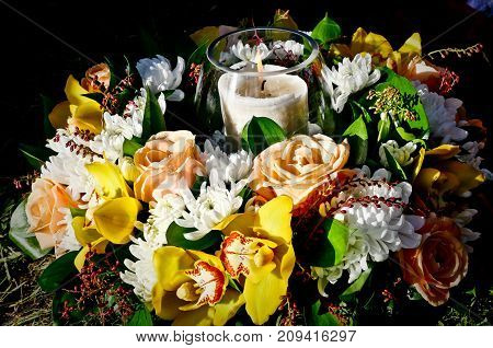 Shot of Flower & candle used for a funeral