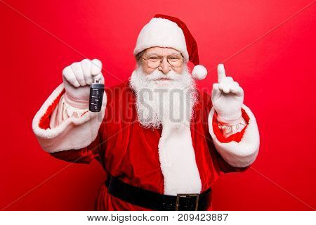 Funny Aged Grandfather In Red Traditional Outfit And Headwear. X Mas Noel Surprise Time! Success, Ha