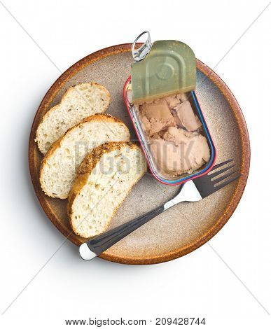 Cod liver in oil and bread isolated on white background.