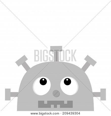 Robot head face looking up. Screw nose clock heart diagram open mouth with tooth. Cute vintage cartoon character. Gray metal. Baby collection. Flat design. White background. Isolated. Vector