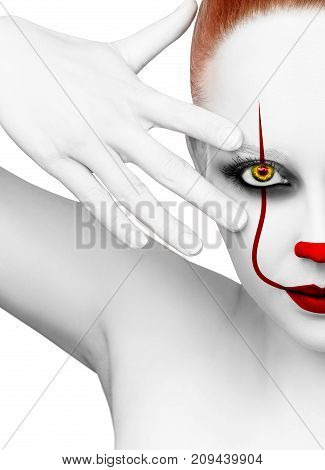Redhead woman with scary clown grimm. Halloween. Isolated on white.