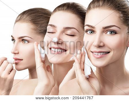 Collage of young woman cleanses skin with foam and napkins isolated on white. Skincare concept.