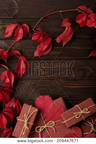 Autumn monochrome still-life in red and burgundy shades. Selective focus.