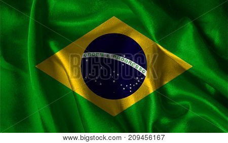 Realistic flag of Brazil on the wavy surface of fabric. This flag can be used in design.