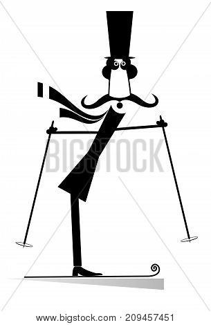 Mustache man in the top hat a skier isolated. Mustache gentleman in the top hat is skiing black on white illustration