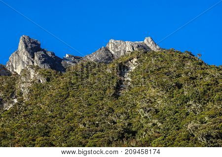 Peaks of the majestic Mountain Kinabalu & forest with blue sky in Mountain Kinabalu,Sabah,Malaysia.