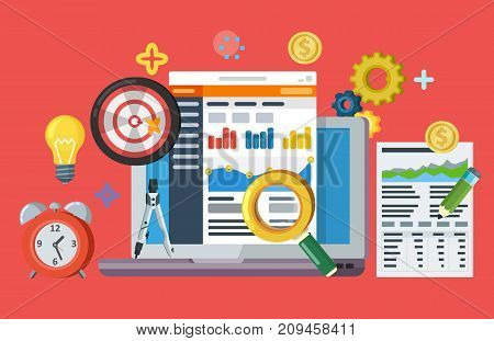 Data driven marketing strategy. Web banner in flat style. Lead generation, profit, business growth concept with icons. Business growth analytics and valuation development. Raster image