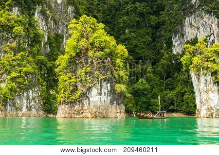 Karst mountains of lake Cheo Lan in Thailand