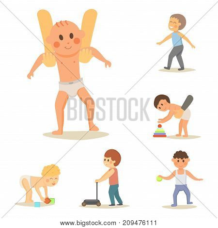 Happy laughing baby wearing cute clothing. Preschool toys of little kids. Children first walking. Textile for cheerful infants flat vector illustration.