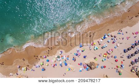 Aerial. Rocks and beaches near the beaches of Portimao.