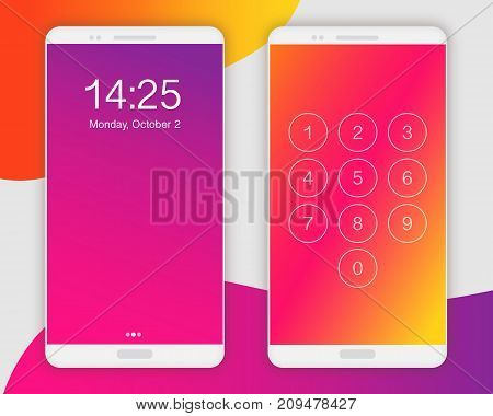 Smartphone screen ui ux template backgrounds. Screen ui vector concept. Smartphone lock screen, blurred red orange purple colors. Mobile phone screens concept. Smartphone front view template.