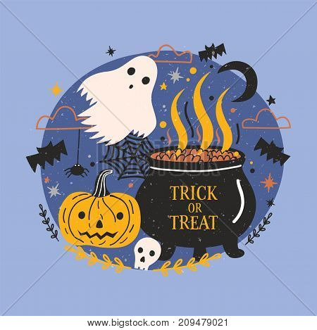 Halloween banner with funny spooky ghost, pumpkin or jack-o -lantern, skull and witch pot with brewing potion against dark starry night sky on background. Trick or treat. Cartoon vector illustration