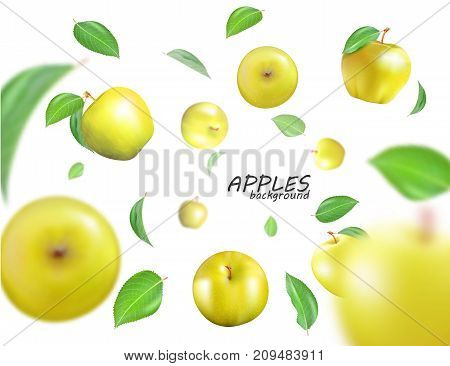 Vector flying yellow apples. Advertising fresh food template. Realistic 3D apples