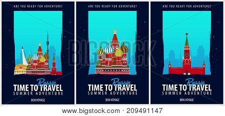 Set Of Posters Travel To Russia. Journey, Trip And Vacation. Vector Travel Illustration.