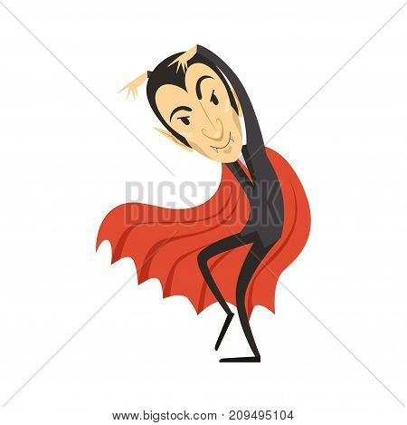 Sneaking count Dracula wearing black suit and red cape. Gothic horror cute cartoon creeping vampire character with fangs. Happy Halloween. Scary man. Flat design. Vector illustration isolated on white