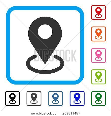 Geo Targeting icon. Flat grey pictogram symbol in a light blue rounded squared frame. Black, gray, green, blue, red, orange color variants of Geo Targeting vector. Designed for web and app interfaces.