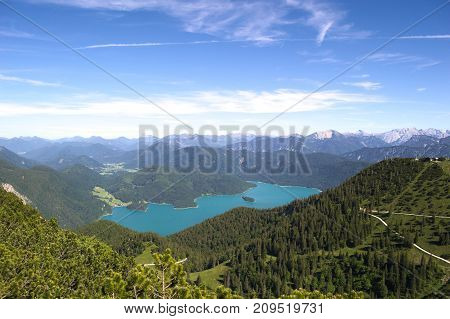 A perspective from Herzogstand, Germany, Bayern. Lake with montains in the background.