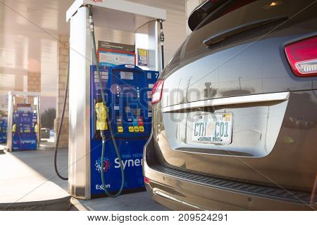 MIAMI USA SEPTEMBER 07 2017: Gas pump depleted. Hurricane Irma storm Florida caused shortage of gasoline at the stations. Fuel station is out of service due to lack of fuel.