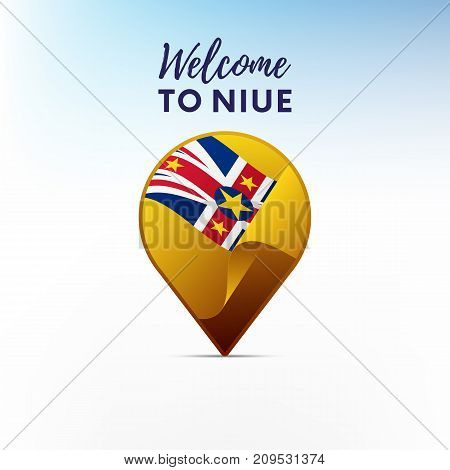 Flag of Niue in shape of map pointer or marker. Welcome to Niue. Vector illustration.