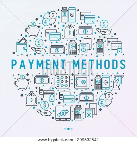 Payment concept in circle with thin line icons related to credit card, money flow, saving, atm, mobile payment. Vector illustration of banner, web page, print media.