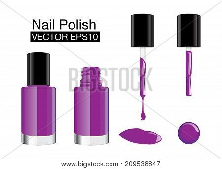 Purple nail polish in glass bottle open lid and closed and color blot of nail polish.