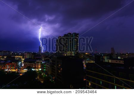 Beautiful Panorama Landscape Of Pattaya Cityscape At Night And Hit By Lightning Or Thunderclap. City