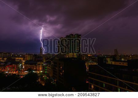 Beautiful Panorama Landscape Of Pattaya Cityscape At Night And Hit By Lightning Or Thunderclap. City