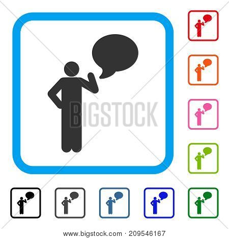 Man Idea Balloon icon. Flat grey pictogram symbol in a light blue rounded squared frame. Black, gray, green, blue, red, orange color variants of Man Idea Balloon vector.