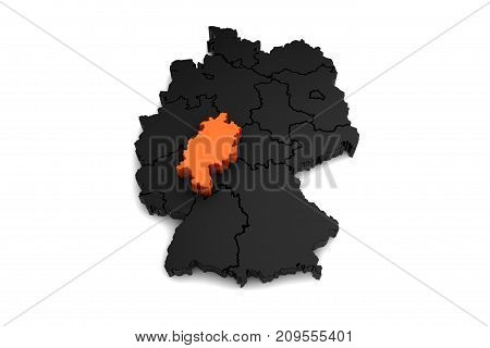 black germany map, with Hessen region, highlighted in orange.3d render