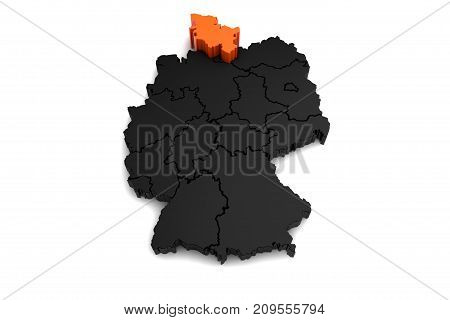 black germany map, with schleswig-holstein region, highlighted in orange.3d render