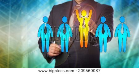 Unrecognizable recruitment agent selecting the winning candidate in an all male lineup. Human resources concept for leadership finding the right employee career achievement and talent management.
