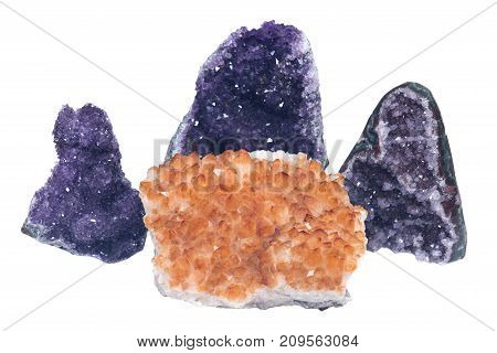 Citrine druzy cluster surrounded by amethyst druzy clusters  isolated on white background
