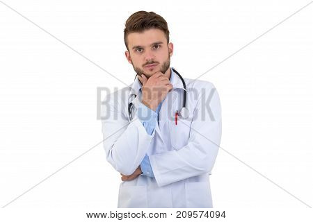 Portrait of confident young medical doctor on white background.