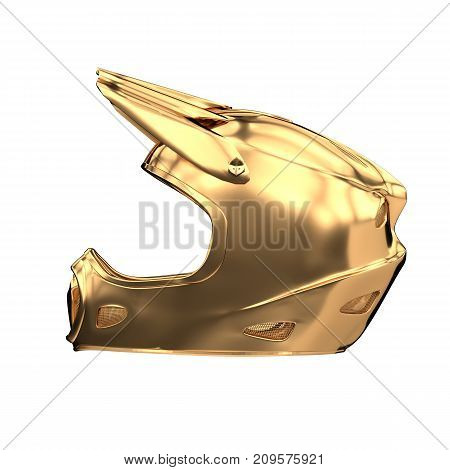 Golden Moto Sport Fullface Helmet Illustration. Side view. Sport equipment. Symbol of Cup or Trophy. 3D render Illustration Isolated on white background.