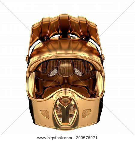 Golden Moto Sport Fullface Helmet Illustration. Front view. Sport equipment. Symbol of Cup or Trophy. 3D render Illustration Isolated on white background.