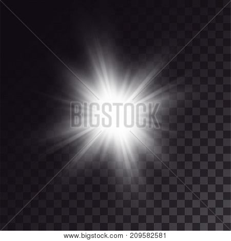 White sun shining brightly. Light effect of exploded star with soft beams.