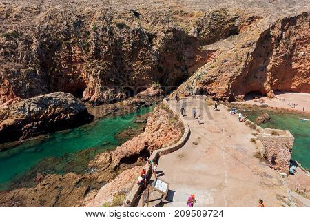 BERLENGA ISLAND, PORTUGAL - September 10, 2017: People visiting the island of Berlenga, in Portugal
