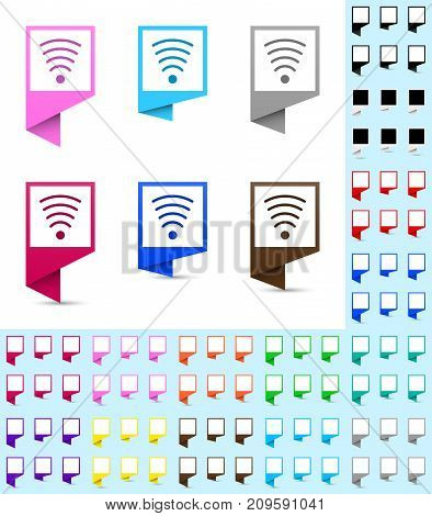 Map marker or pointer angular marker mock up with square white background in different colors. Ready marker template for your various icons. Wifi icon is shown as an example.