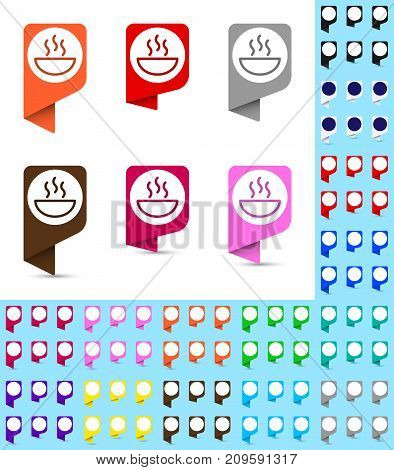 Map marker or pointer rounded marker mock up with round white background in different colors. Ready marker template for your various icons. Icon of hot dish is shown as an example.