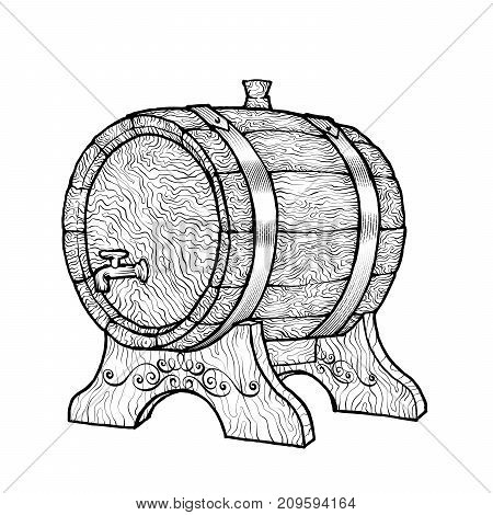 Vector Sketch Illustration Of Wooden Wine Barrel With Faucet In Vinatge Style With Stand. Hand-drawn