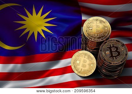Stack Of Bitcoin Coins On Malaysian Flag. Situation Of Bitcoin And Other Cryptocurrencies In Malaysi