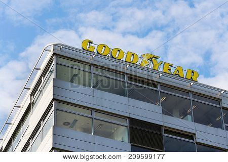 Prague, Czech Republic - October 14: The Goodyear Tire And Rubber Company Logo On Headquarters  Buil