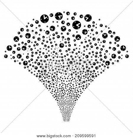 Source stream of clock icons. Vector illustration style is flat black iconic symbols on a white background. Object fountain made from scattered pictograms.
