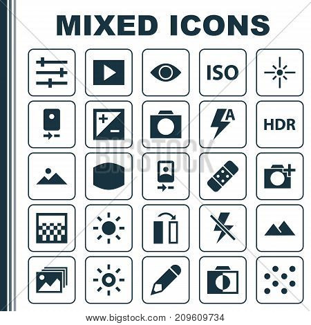 Picture Icons Set. Collection Of Shine, Thunder, Monitor And Other Elements