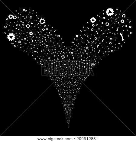 Setup Tools fireworks stream. Vector illustration style is flat white iconic setup tools symbols on a black background. Object fountain combined from random symbols.