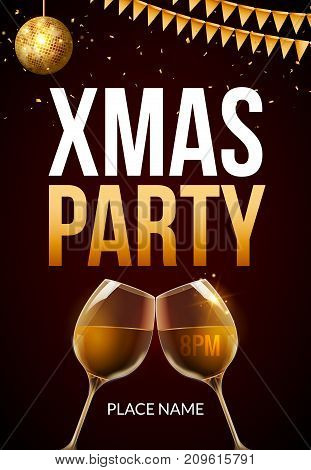 Xmas or new year flyer holiday background. Christmas invitation golden text poster celebration.
